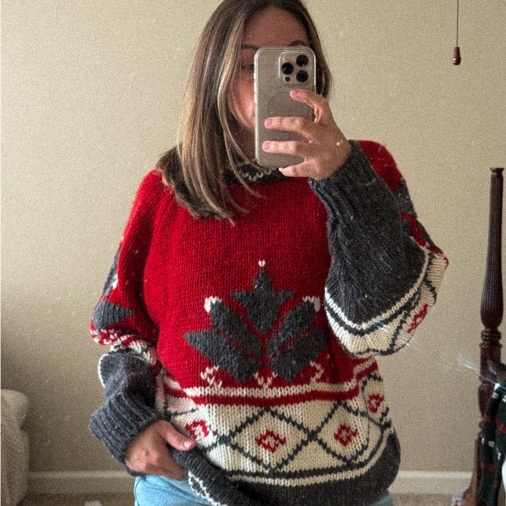 Vintage Red and Gray Christmas Patterned Turtleneck Sweater